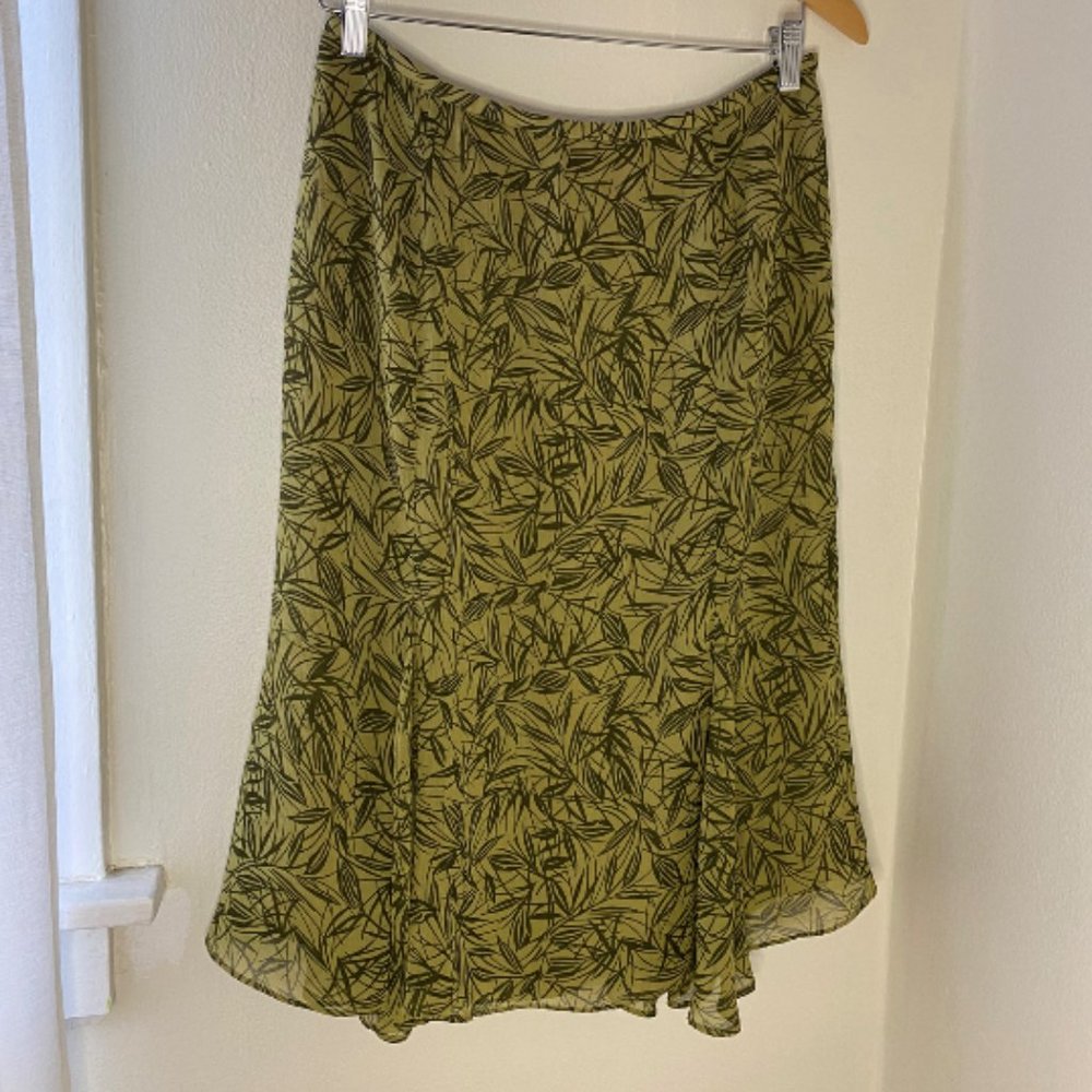90s Green Leaf Print Rena Rowan Midi Skirt US 8